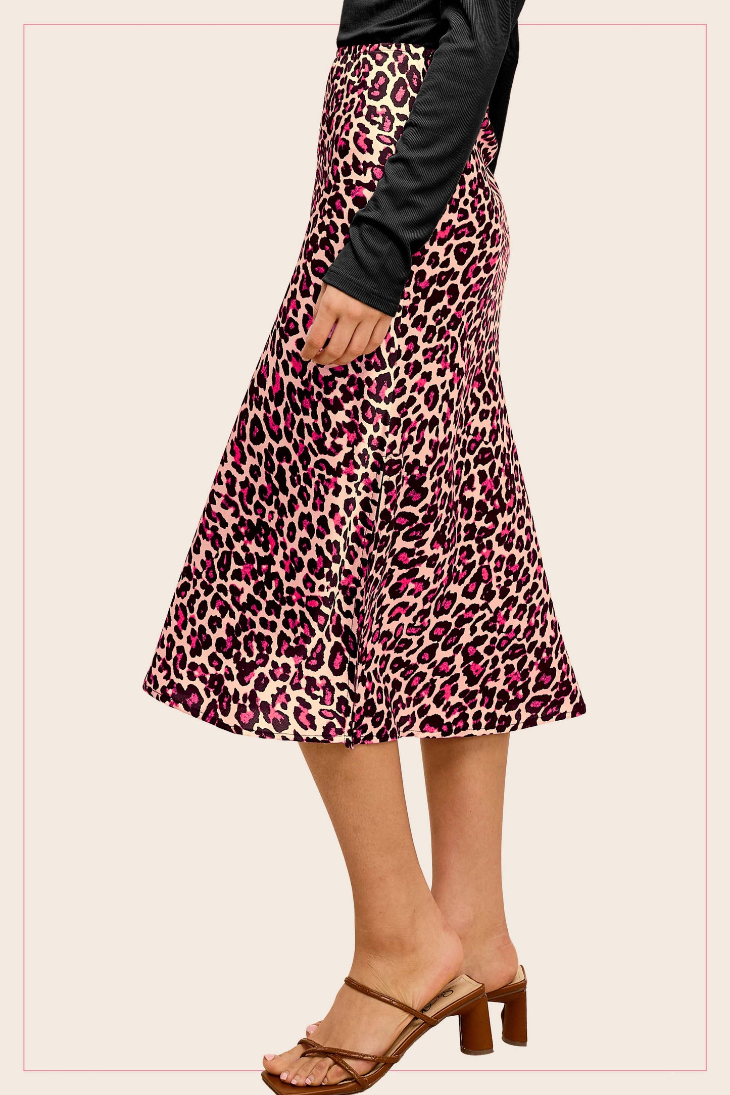 High-Waisted Midi Length Satin Effect Leopard Skirt