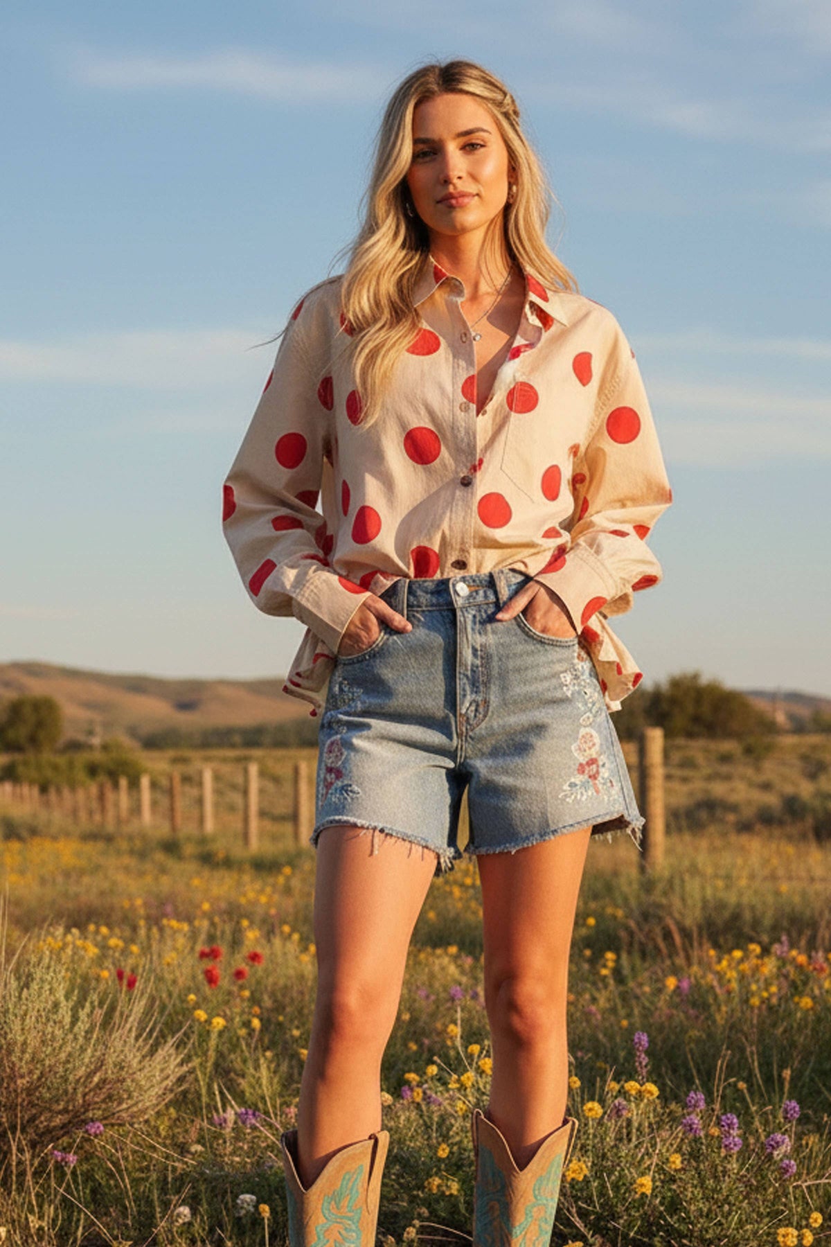 Polka Dot Ruffle Hem Long Sleeve Shirt