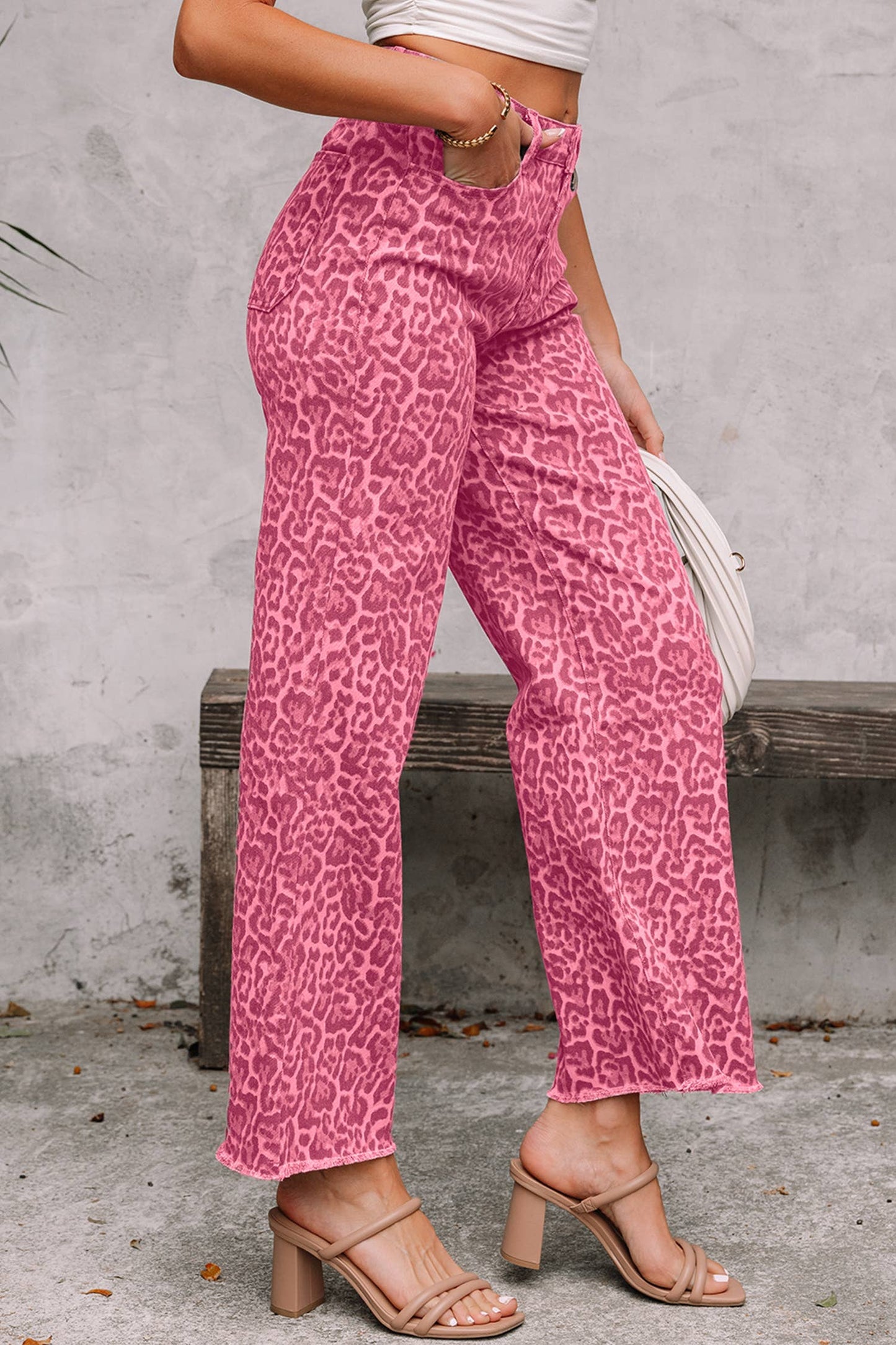 LAS Leopard Frayed Edge Wide Leg High Waist Jeans (4-16)
