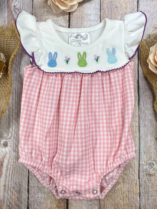Embroidered Bunnies Pink Gingham Infant Romper