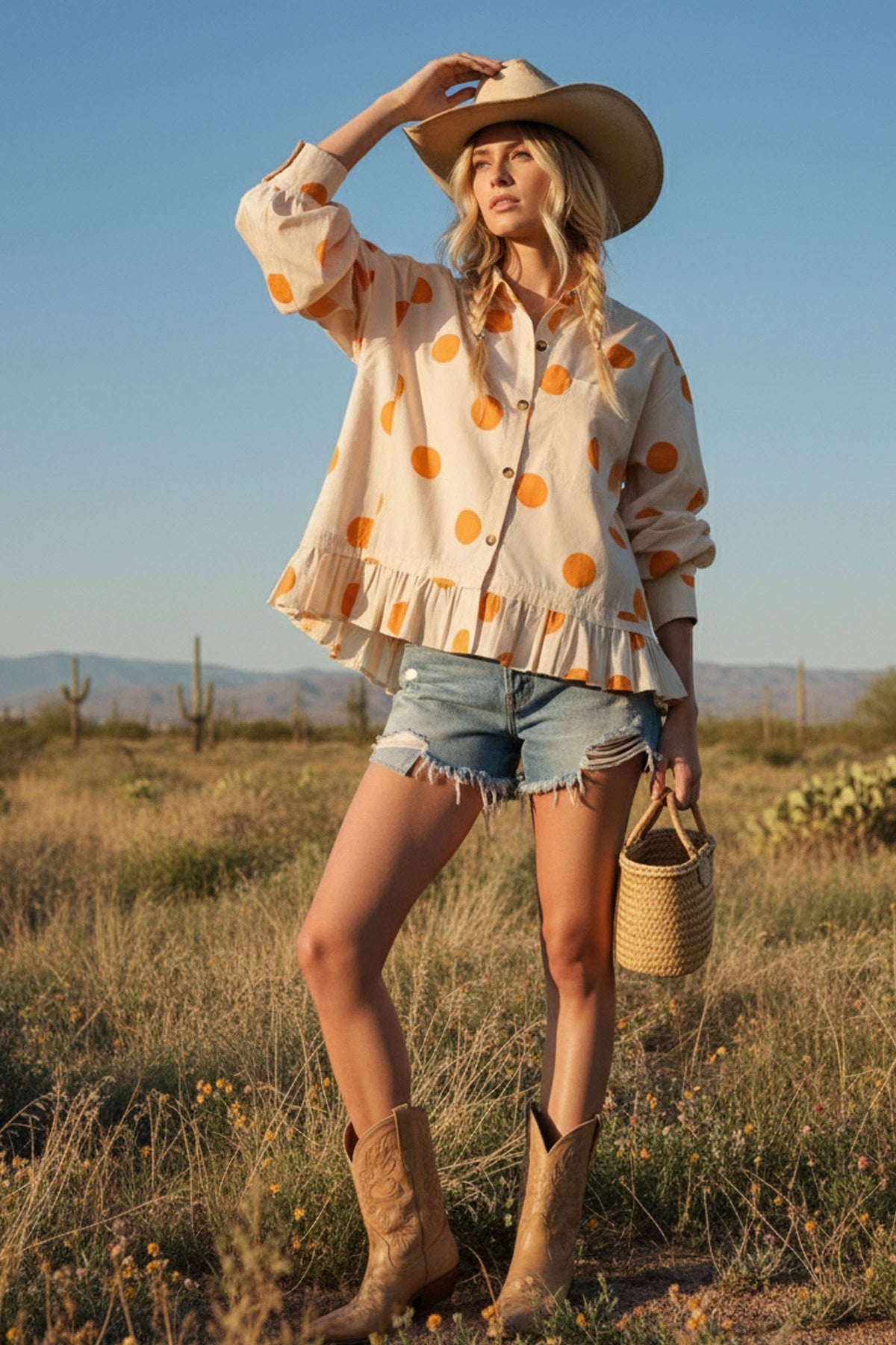 Polka Dot Ruffle Hem Long Sleeve Shirt