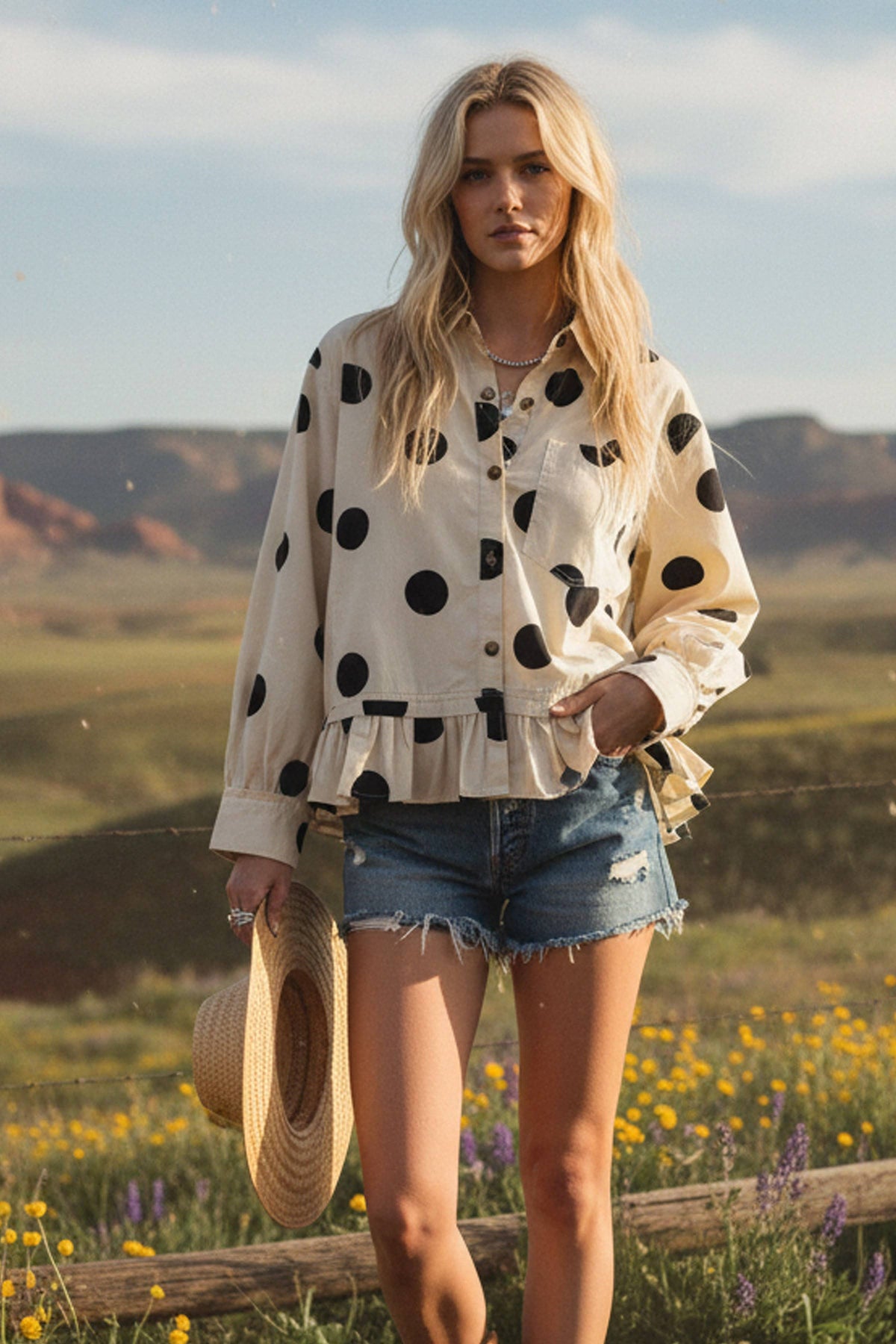 Polka Dot Ruffle Hem Long Sleeve Shirt