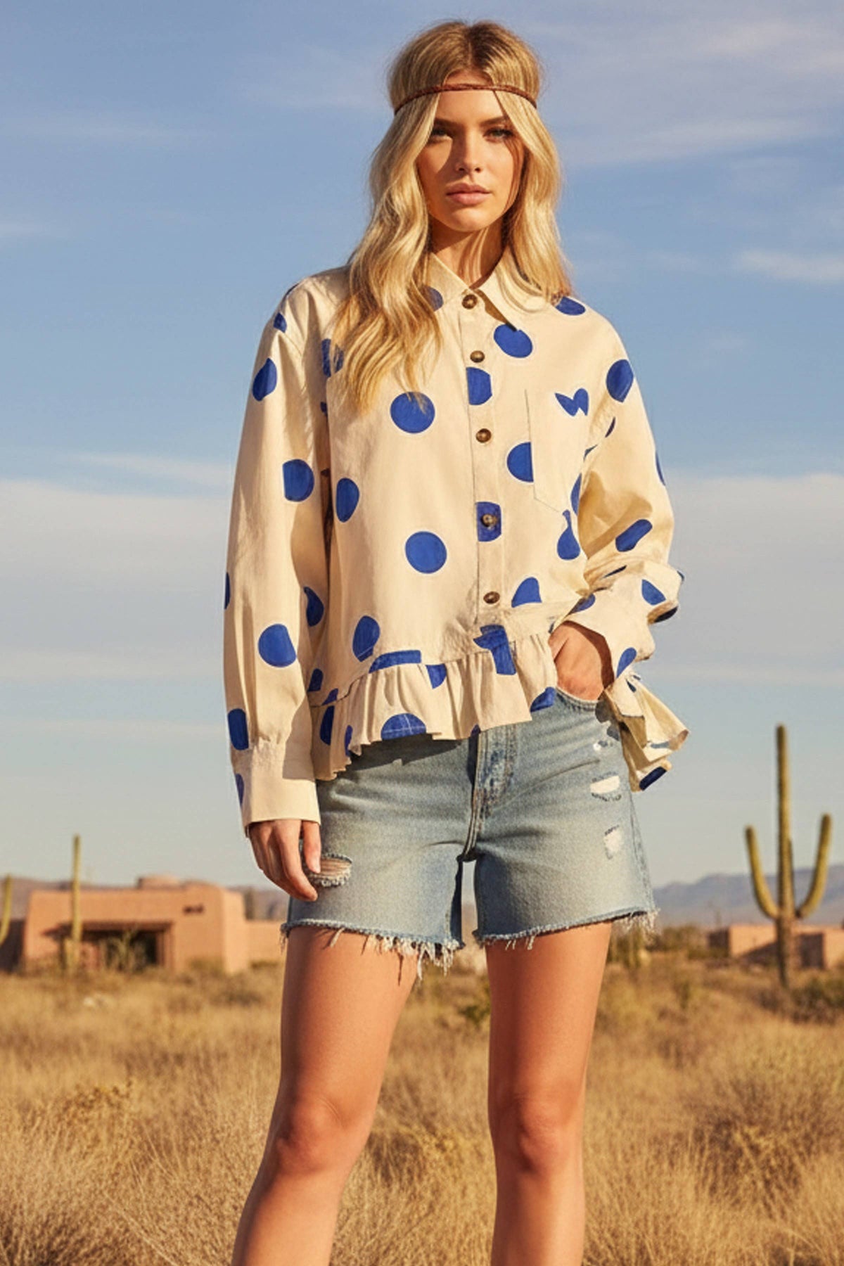 Polka Dot Ruffle Hem Long Sleeve Shirt