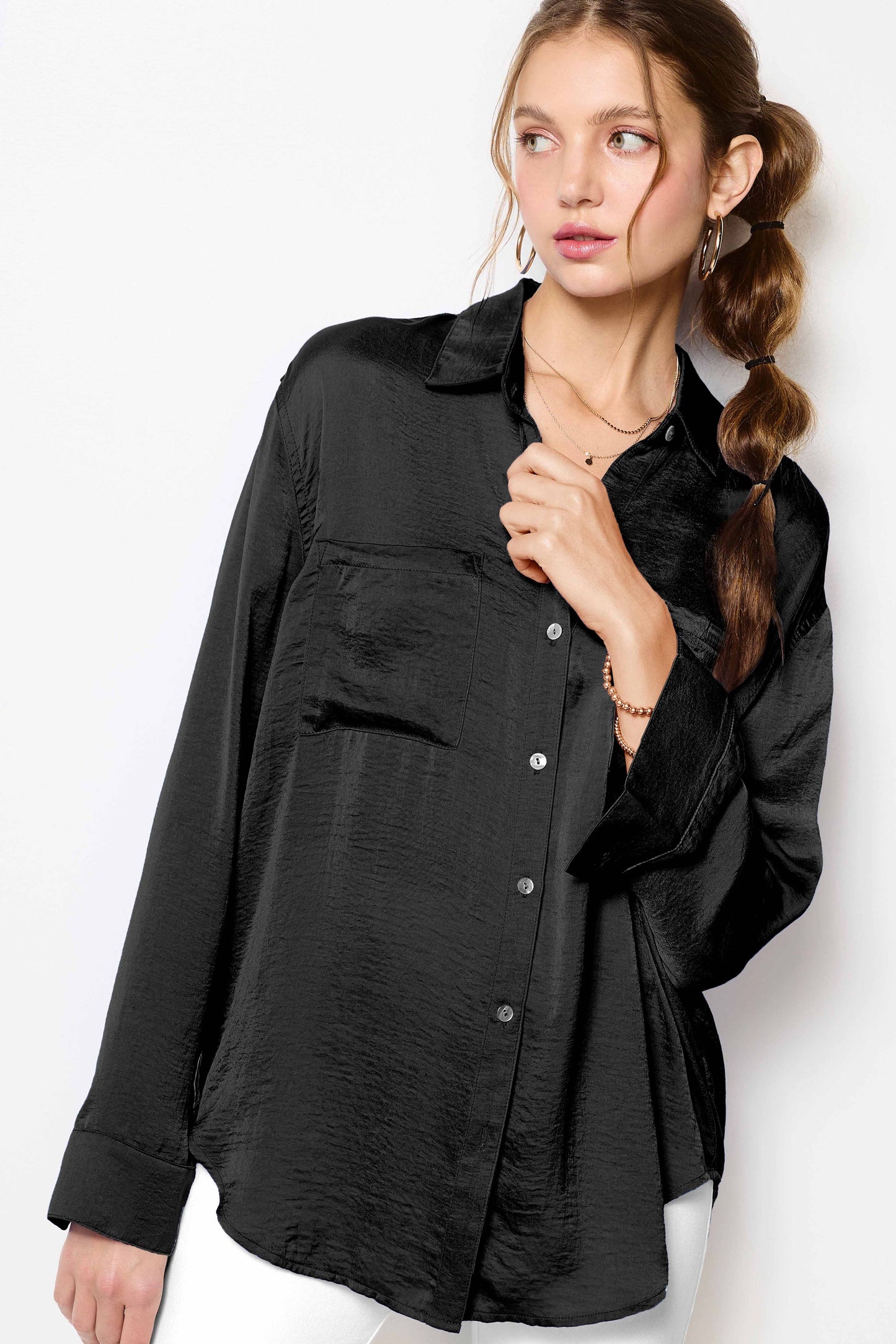 SRT7452-Silky and Flowy Button Down Long Sleeve Shirts
