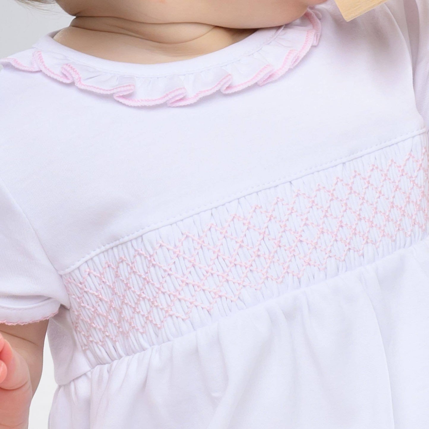 Essentials Solid Smocked Bubble - White Pink