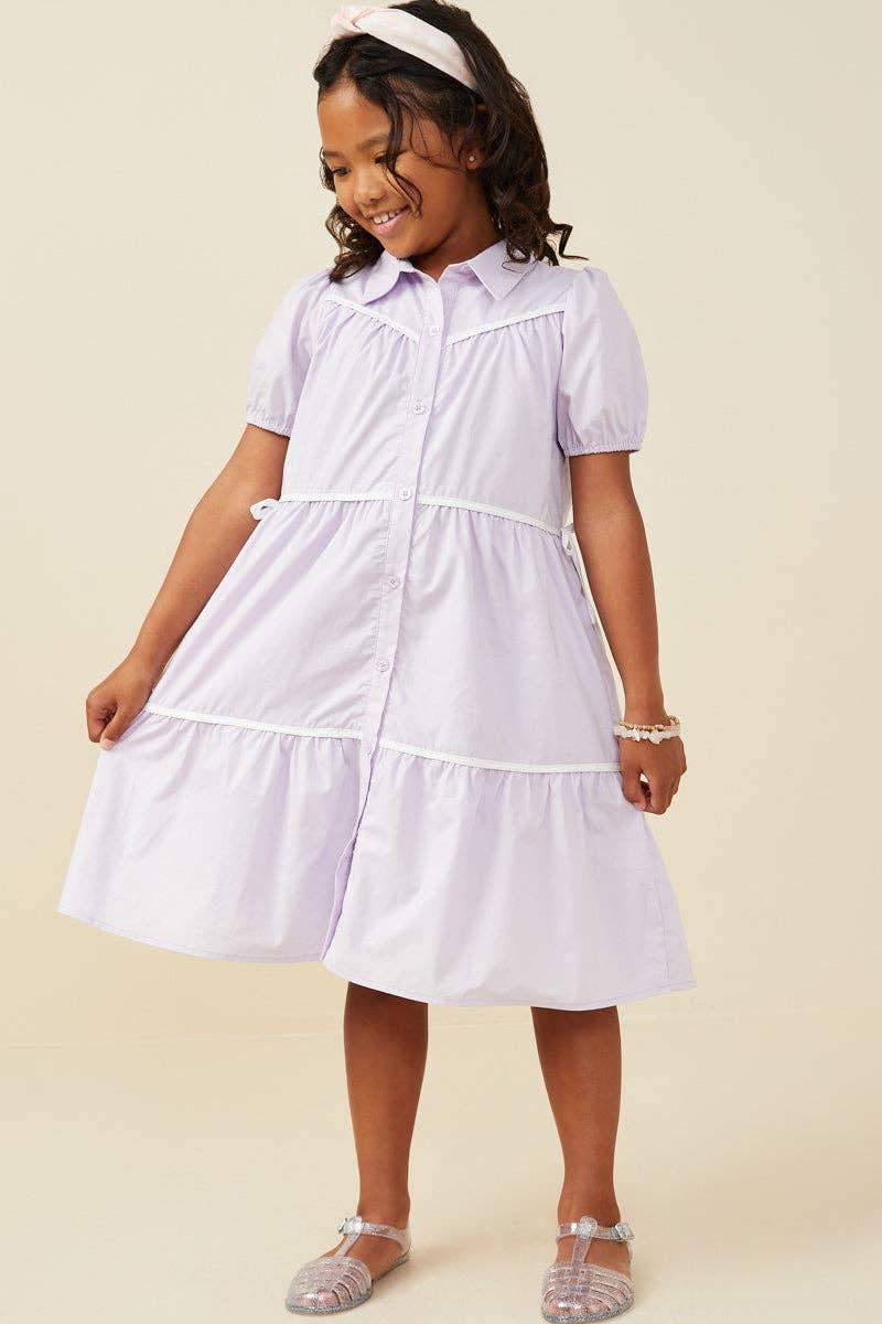 Girls Contrast Piping Ribbon Buttoned Dress
