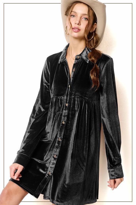 HCD9315-Soft Velvety Button Down Collar Dress