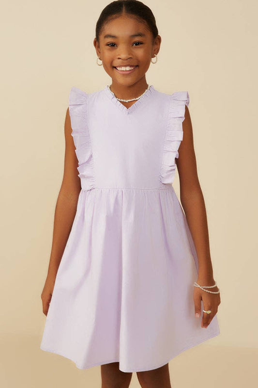 Girls Ruffle V Neck Sleeveless Poplin Dress