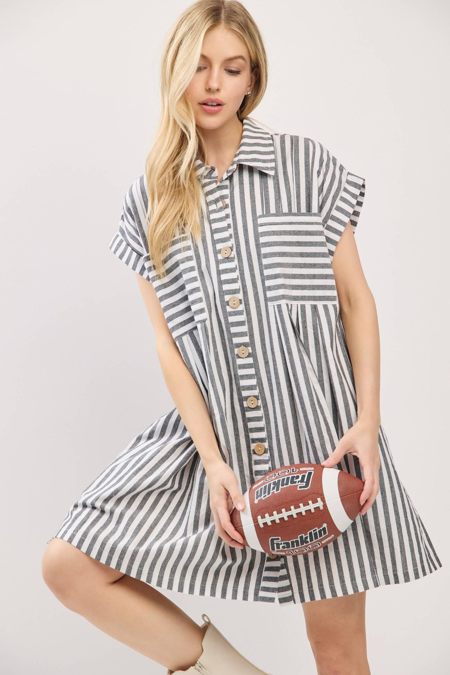 GAME DAY COTTON STRIPED BUTTON DOWN TUNIC DRESS
