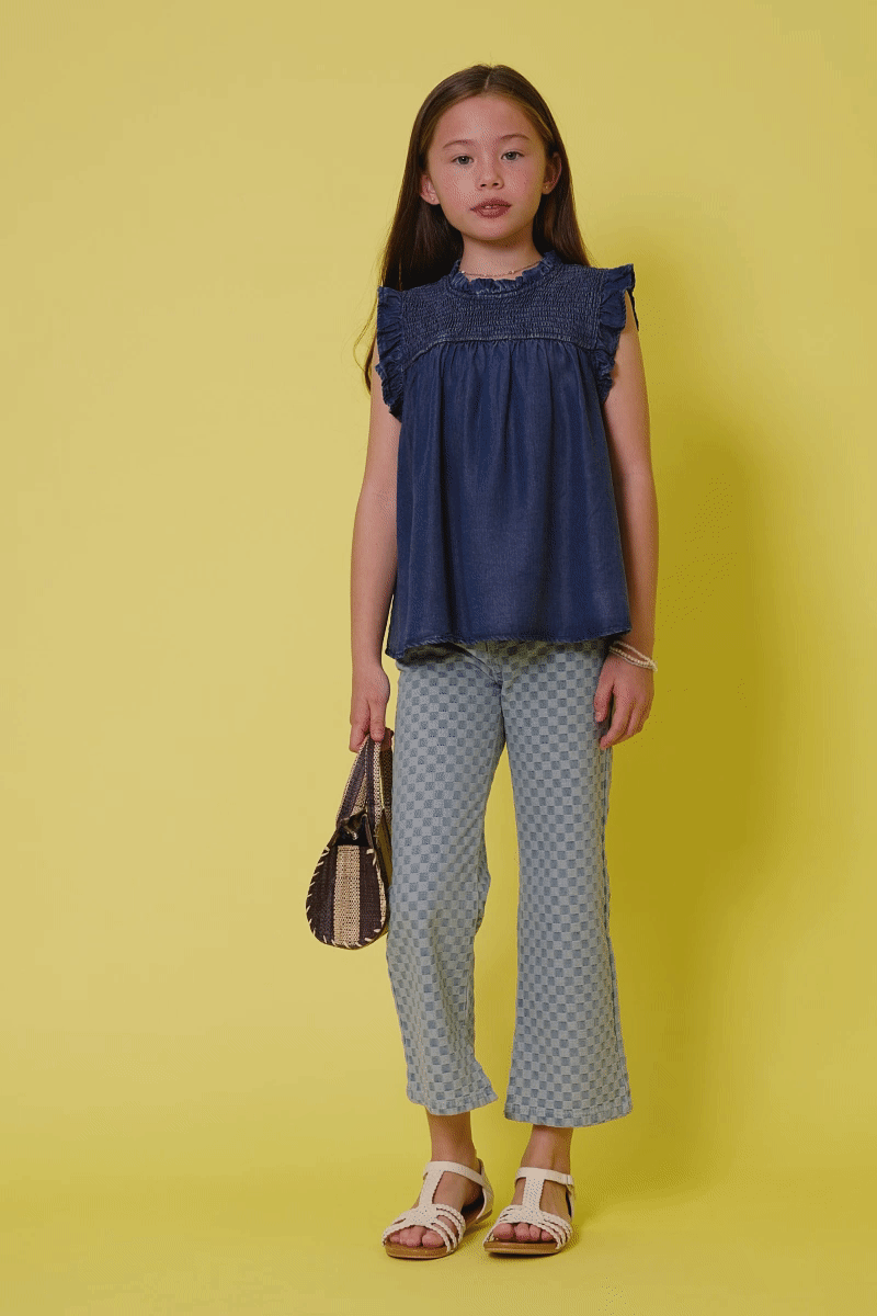 Girls Ruffle Detailed Smocked Denim Tencel Tank