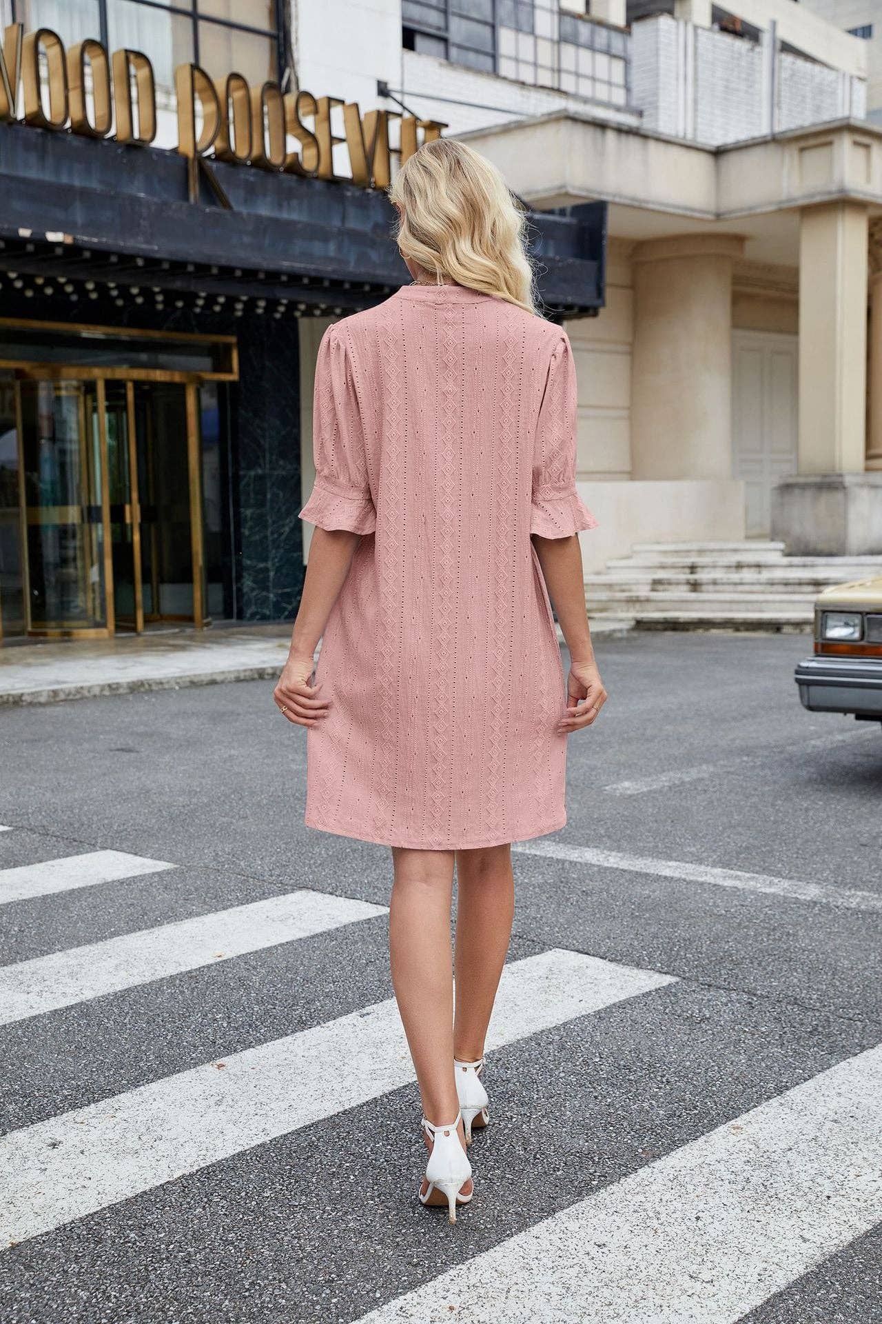 Jacquard Five-quarter Sleeve V-neck Dress