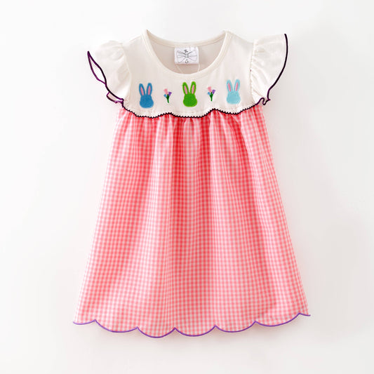 Embroidered Bunnies Pink Gingham Dress