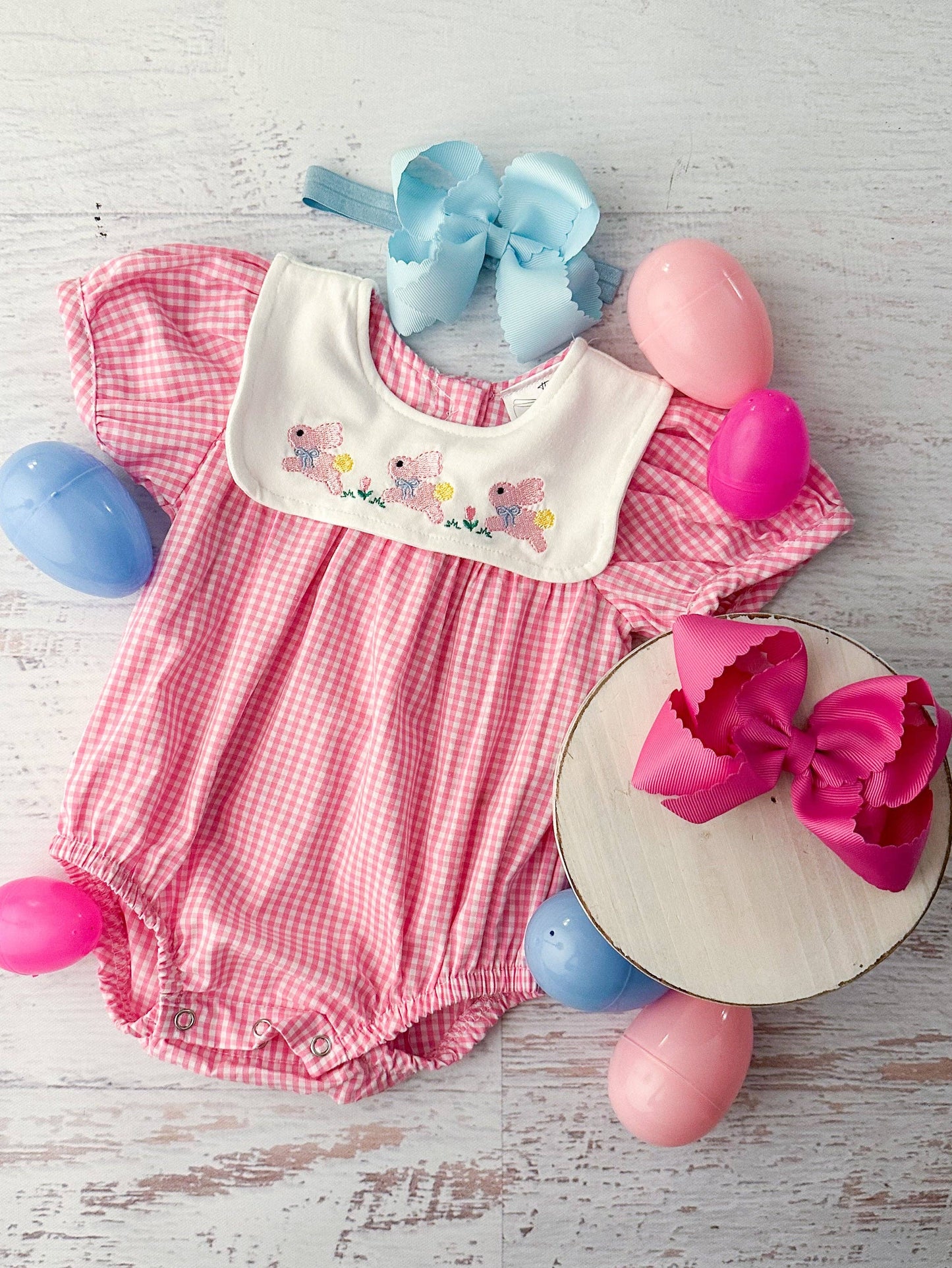 Bunny Trio Pink Gingham Infant Onesie