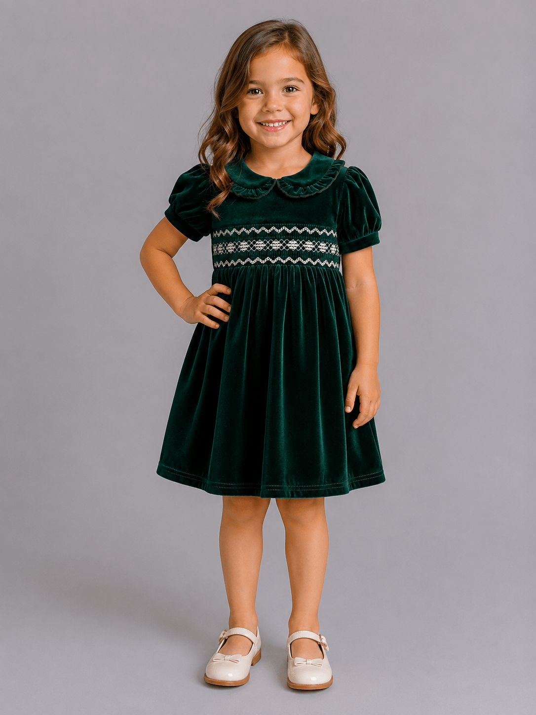 Girls Velvet Smocked Peter Pan Collar Dress