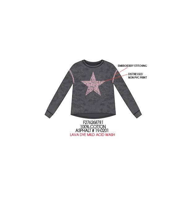 Long sleeve star washed top with embroidey stitch detail