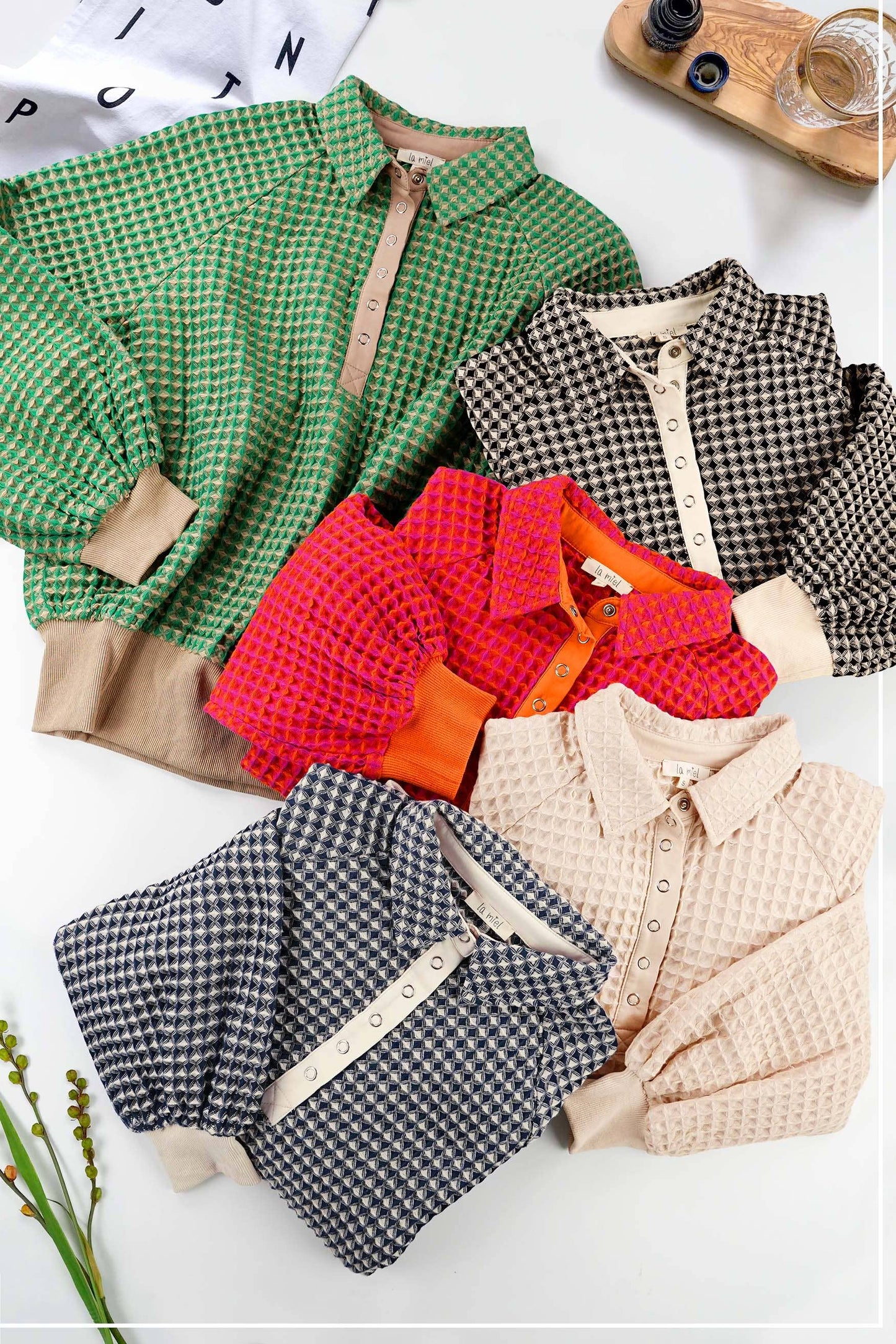 Unique Two Tone Textured Snap Button Front Top