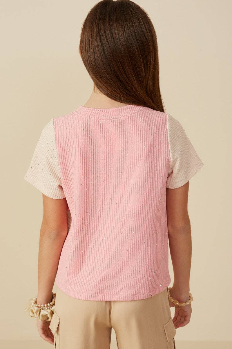 Girls Contrast Panel Jewel Studded Rib Knit Tee