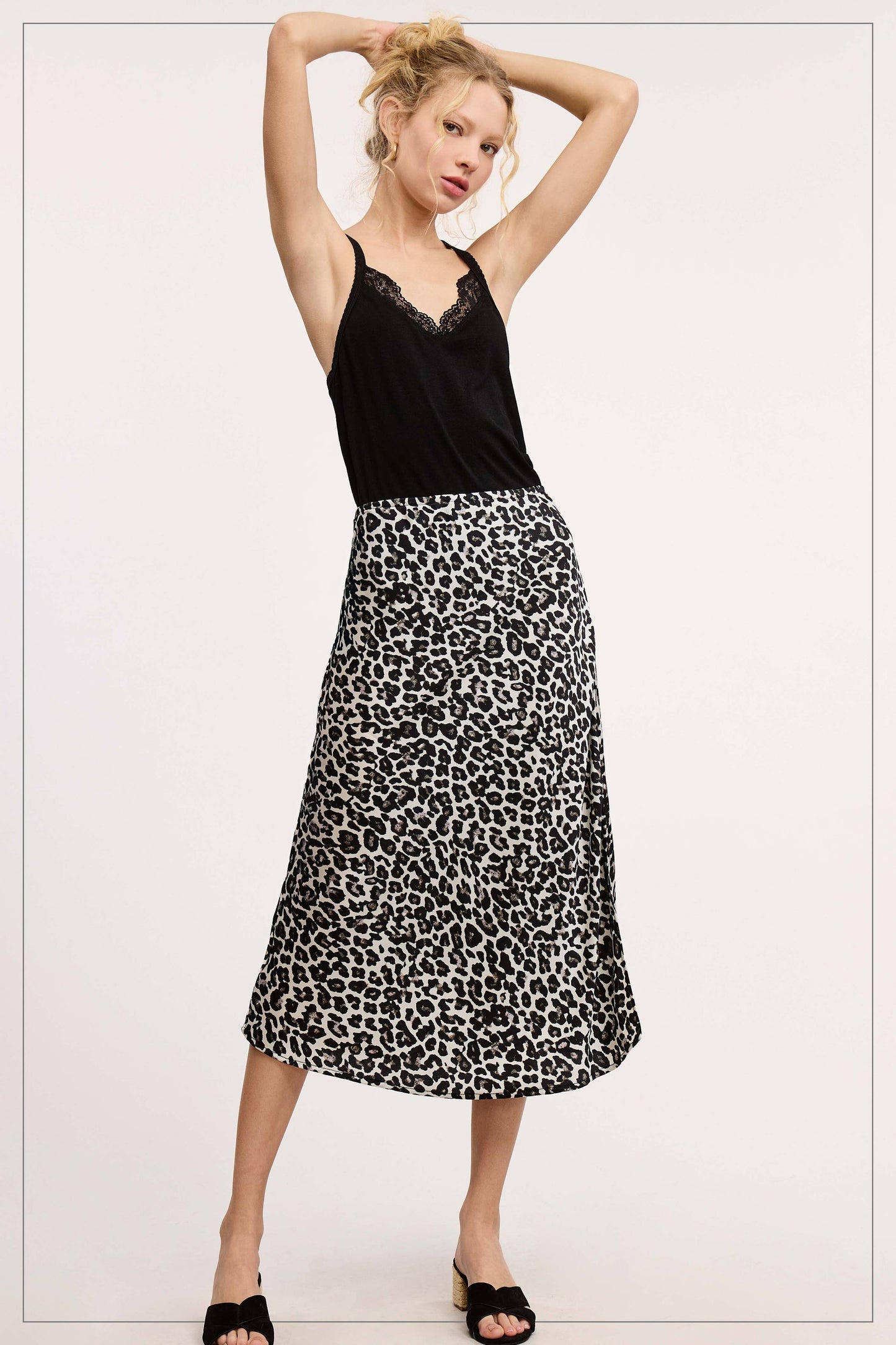 High-Waisted Midi Length Satin Effect Leopard Skirt