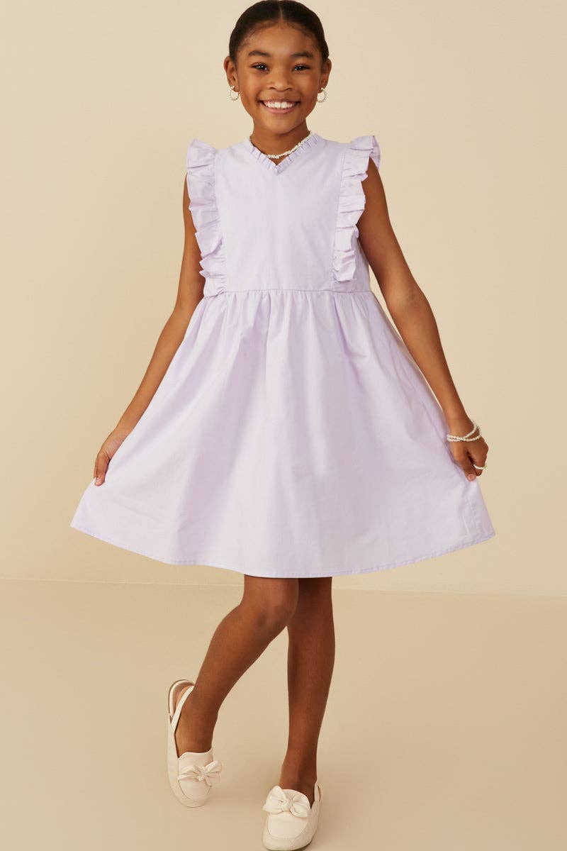 Girls Ruffle V Neck Sleeveless Poplin Dress