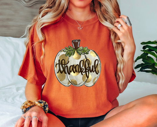 Thankful Gold Polka Dot Pumpkin Graphic Tee Fall Autumn   