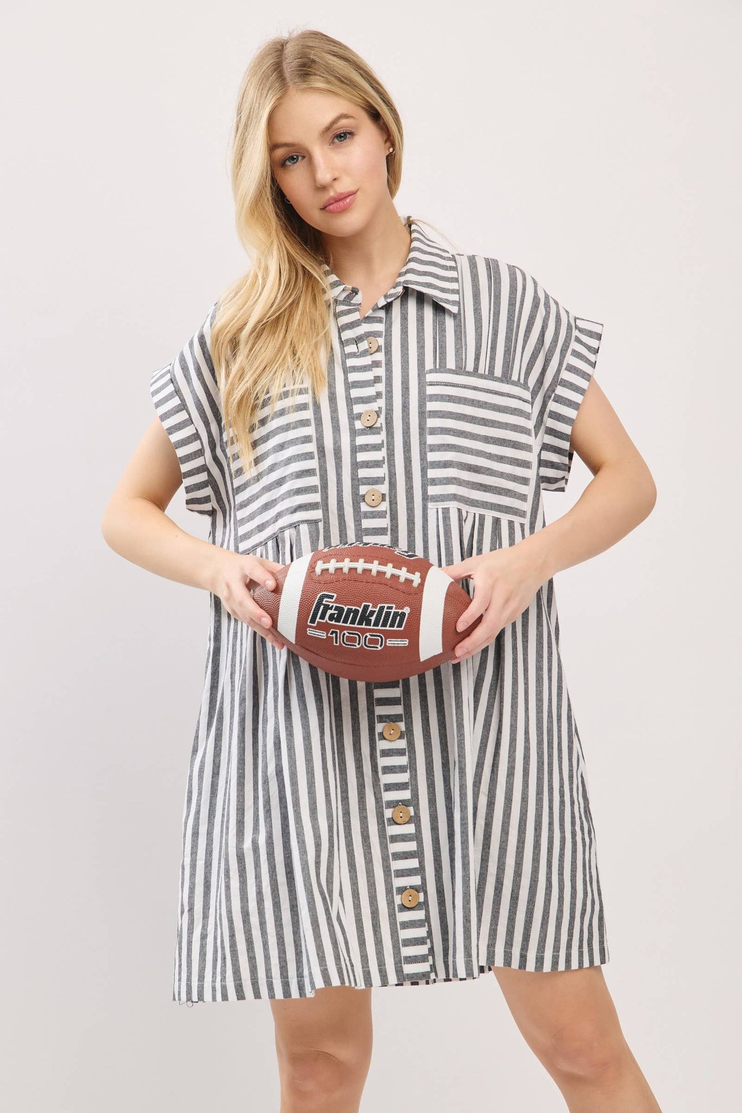 GAME DAY COTTON STRIPED BUTTON DOWN TUNIC DRESS
