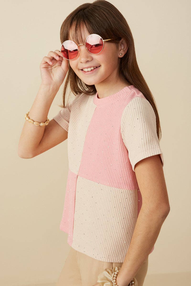 Girls Contrast Panel Jewel Studded Rib Knit Tee