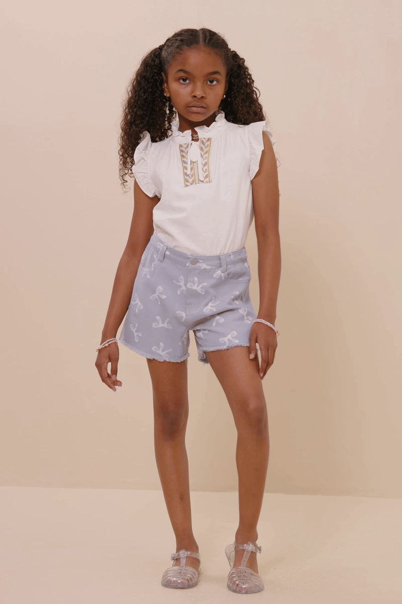 Girls Bow Printed Distressed Denim Shorts