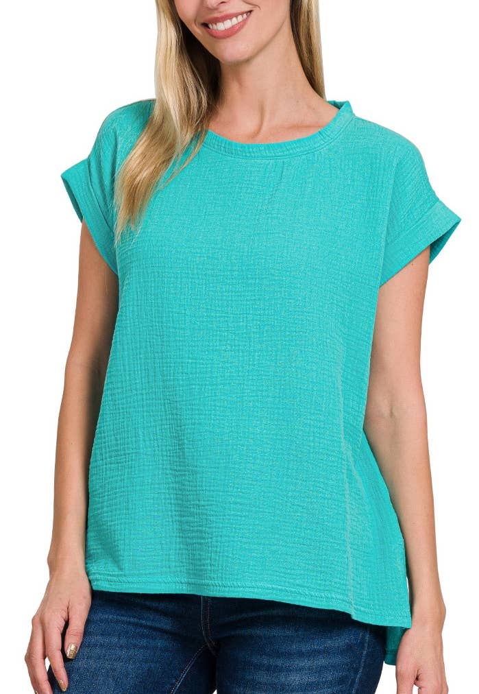 Round Neck Folded Short Sleeve Top
