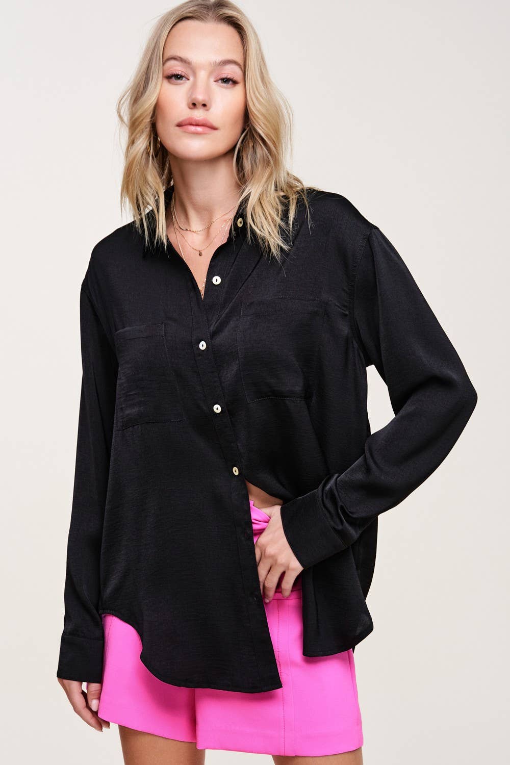 SRT7452-Silky and Flowy Button Down Long Sleeve Shirts