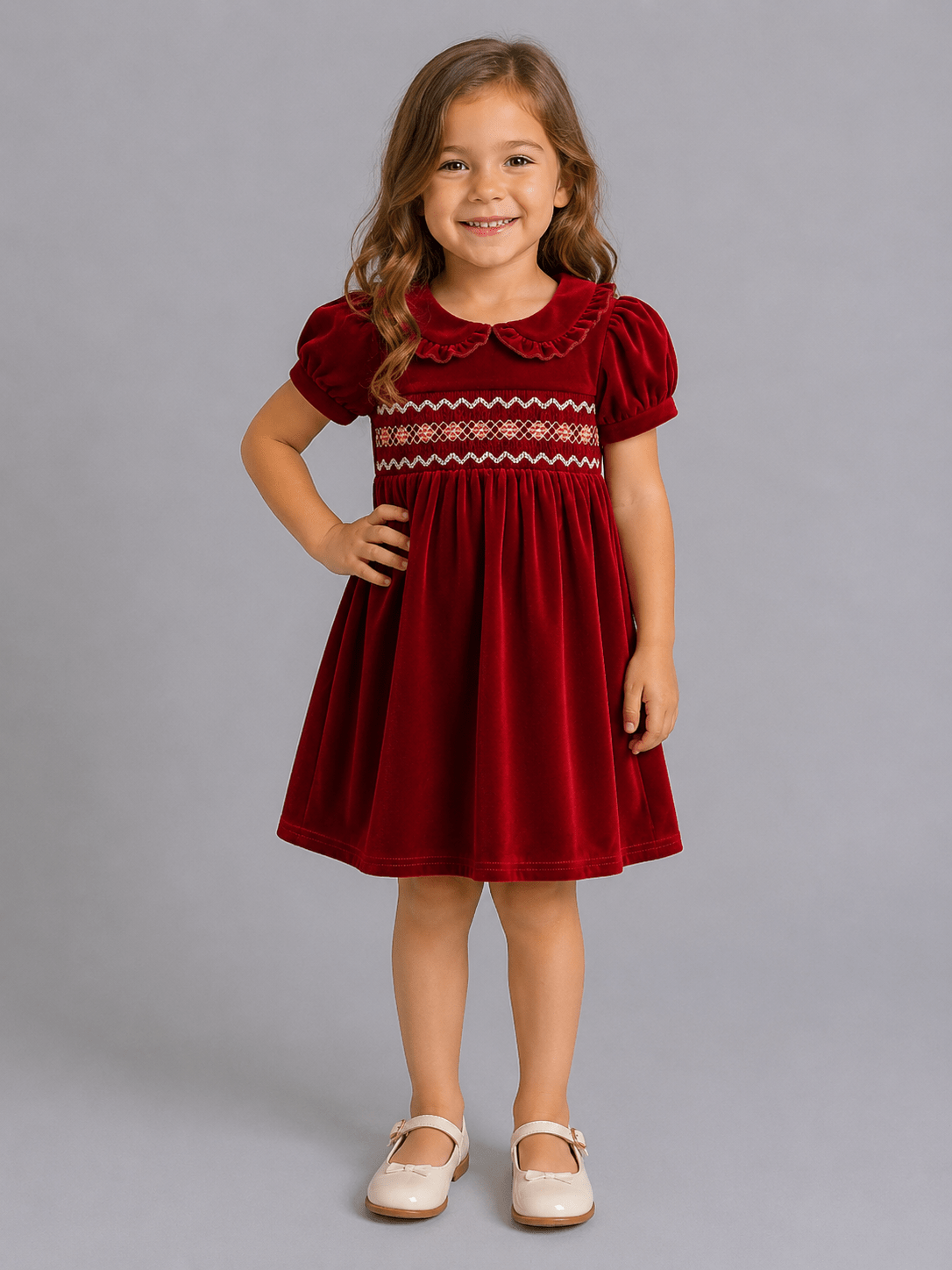 Girls Velvet Smocked Peter Pan Collar Dress