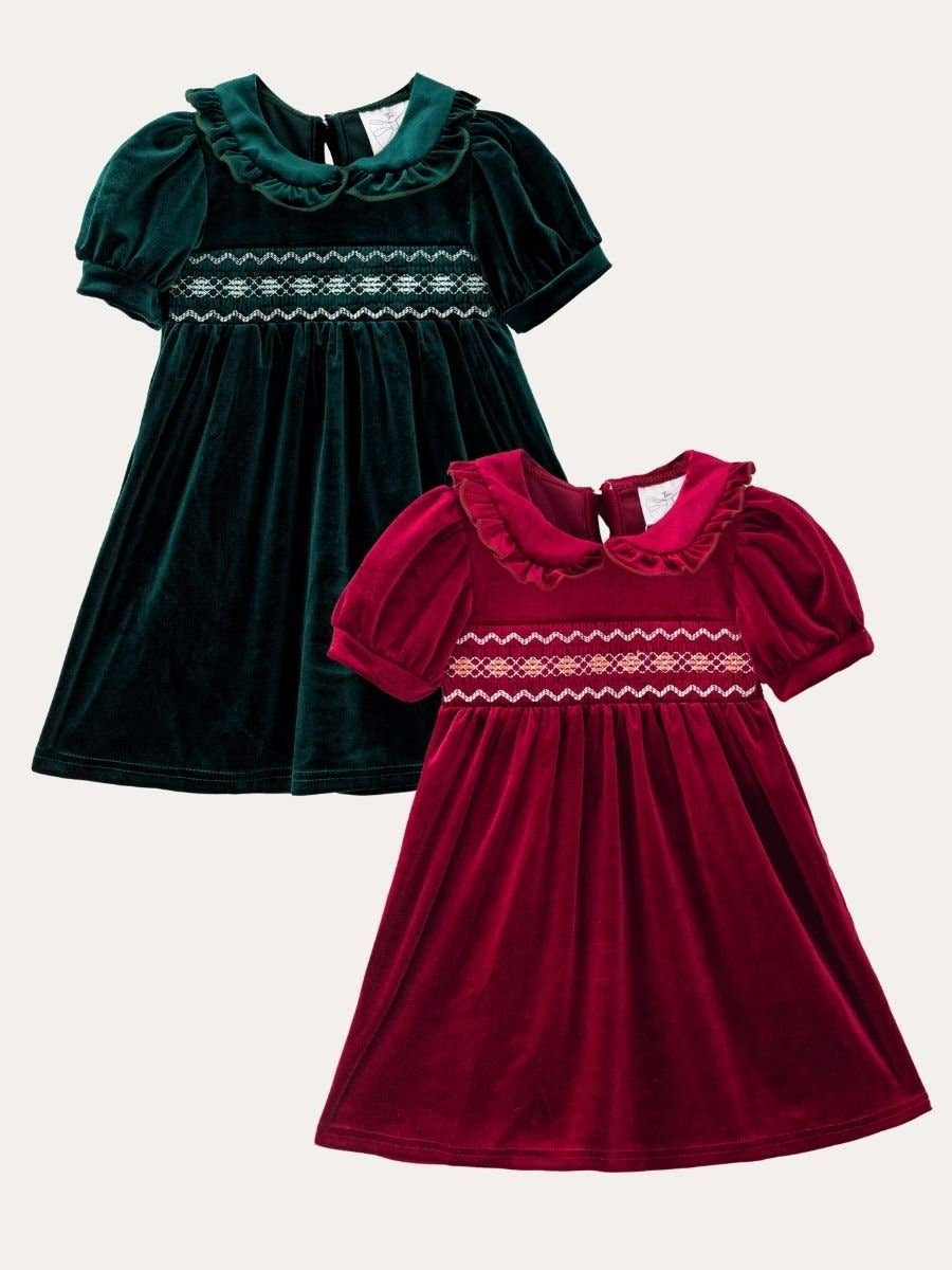 Girls Velvet Smocked Peter Pan Collar Dress