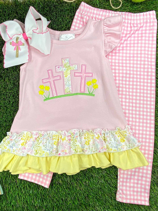 Cross Appliqué Easter Girls Leggings Set