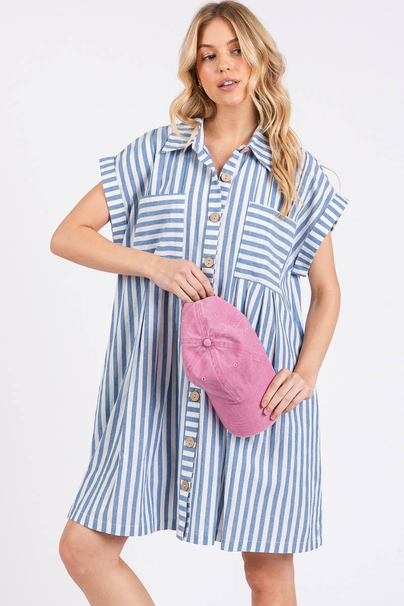 GAME DAY COTTON STRIPED BUTTON DOWN TUNIC DRESS