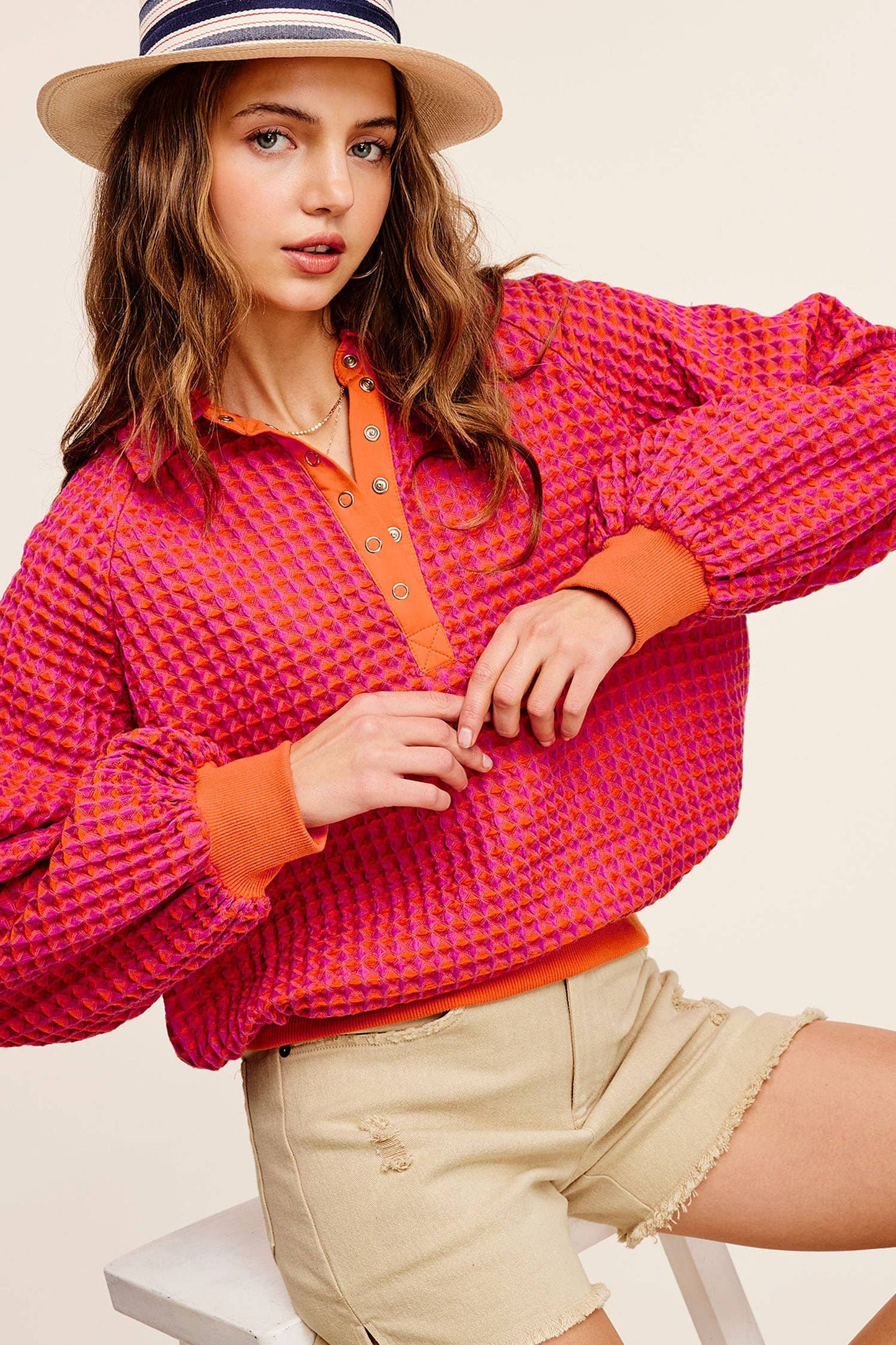 Unique Two Tone Textured Snap Button Front Top