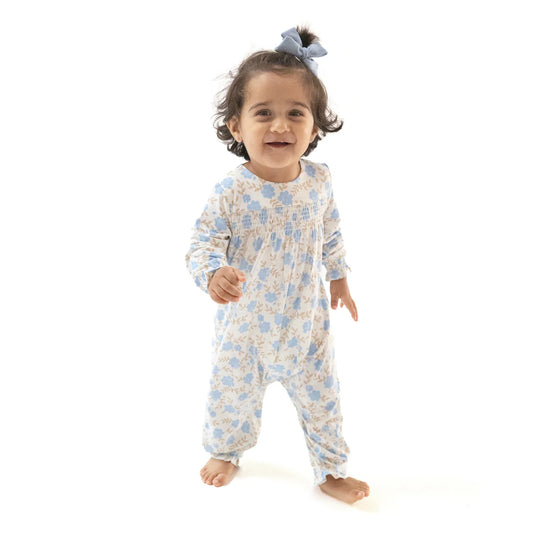 Baby Blue Floral - Smocked Long Sleeve Romper