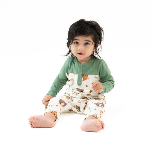 Woodland Animal Faces - Romper with Contrast Sleeves
