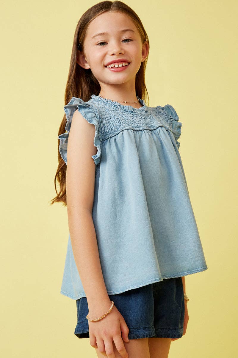 Girls Ruffle Detailed Smocked Denim Tencel Tank