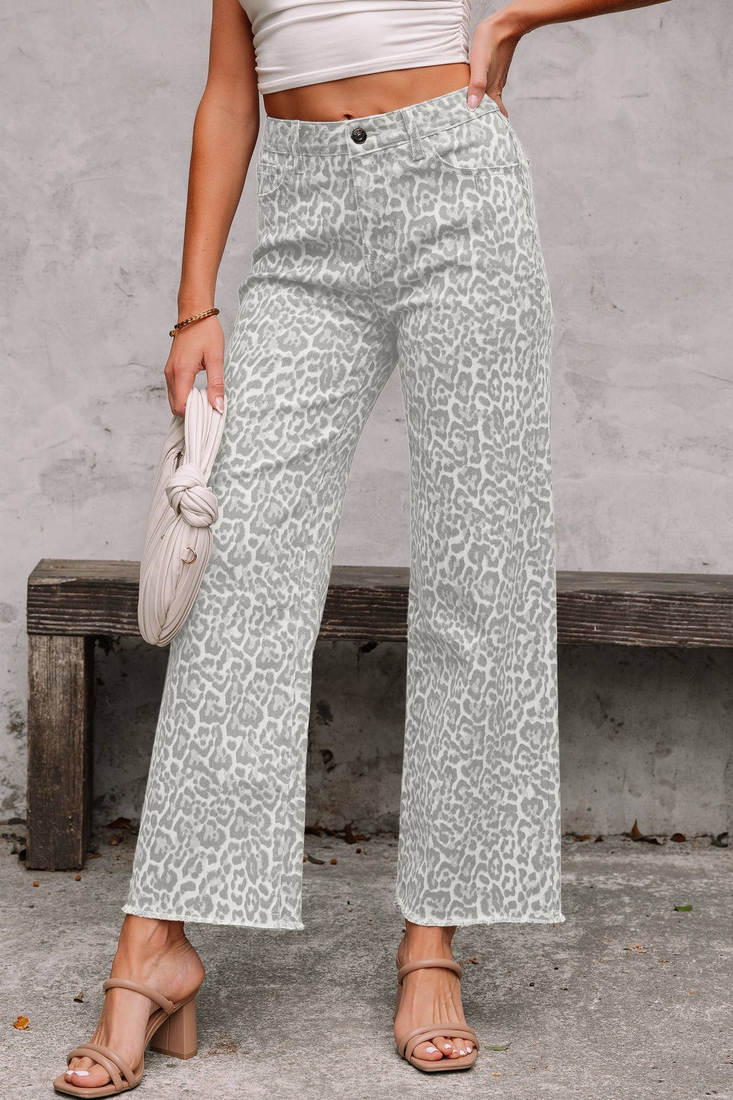 LAS Leopard Frayed Edge Wide Leg High Waist Jeans (4-16)