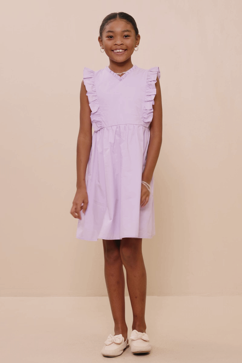 Girls Ruffle V Neck Sleeveless Poplin Dress