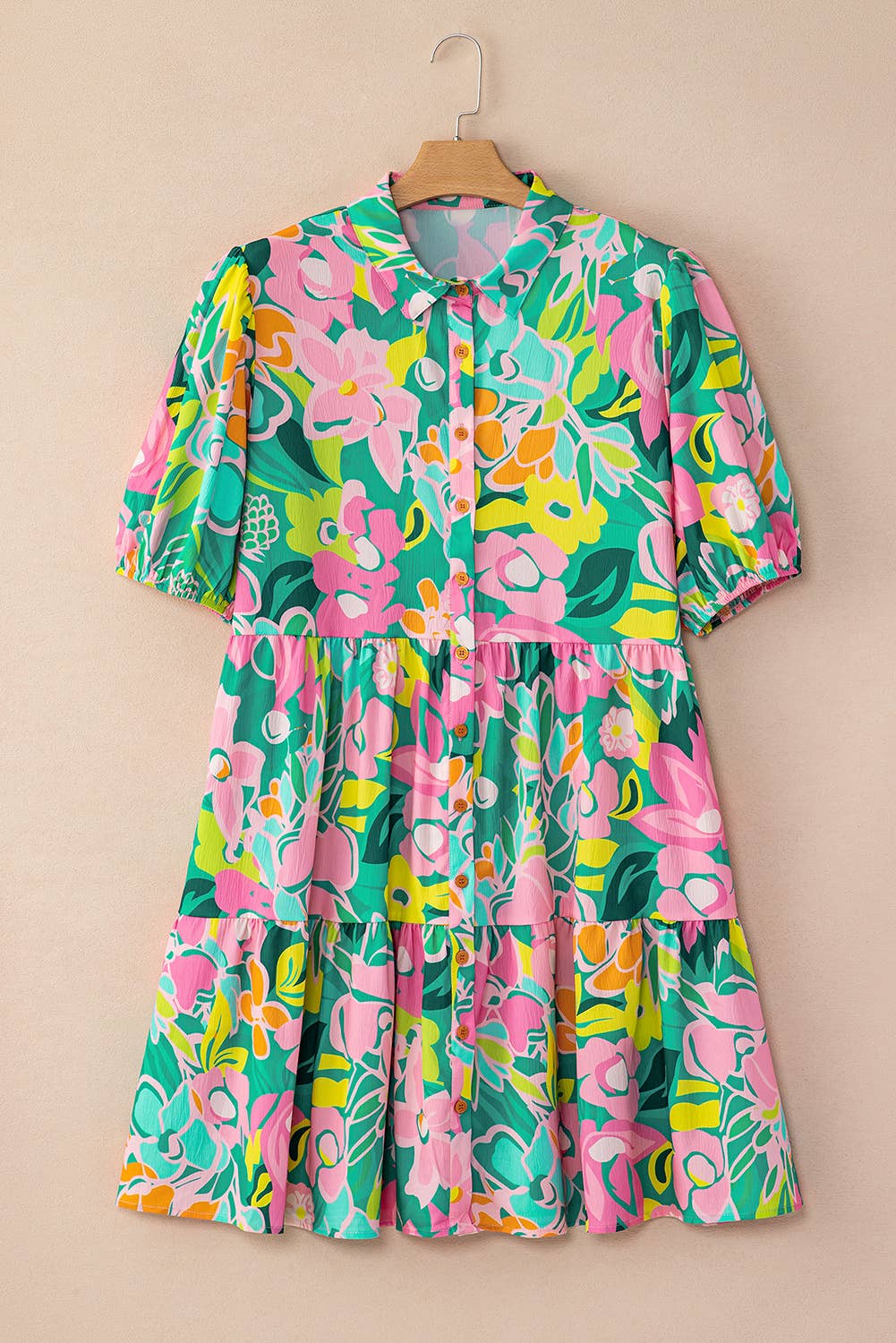 LDC Floral Puff Sleeve Collar Buttoned Babydoll Dress