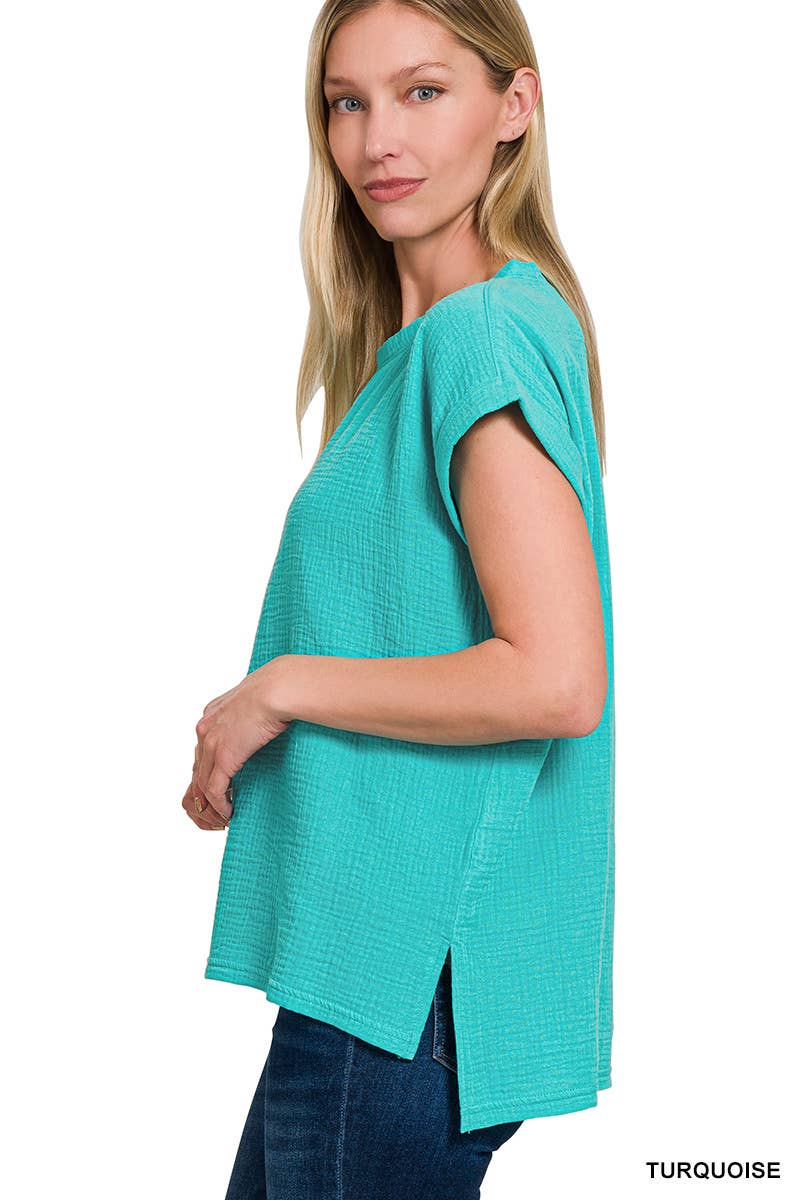 Round Neck Folded Short Sleeve Top