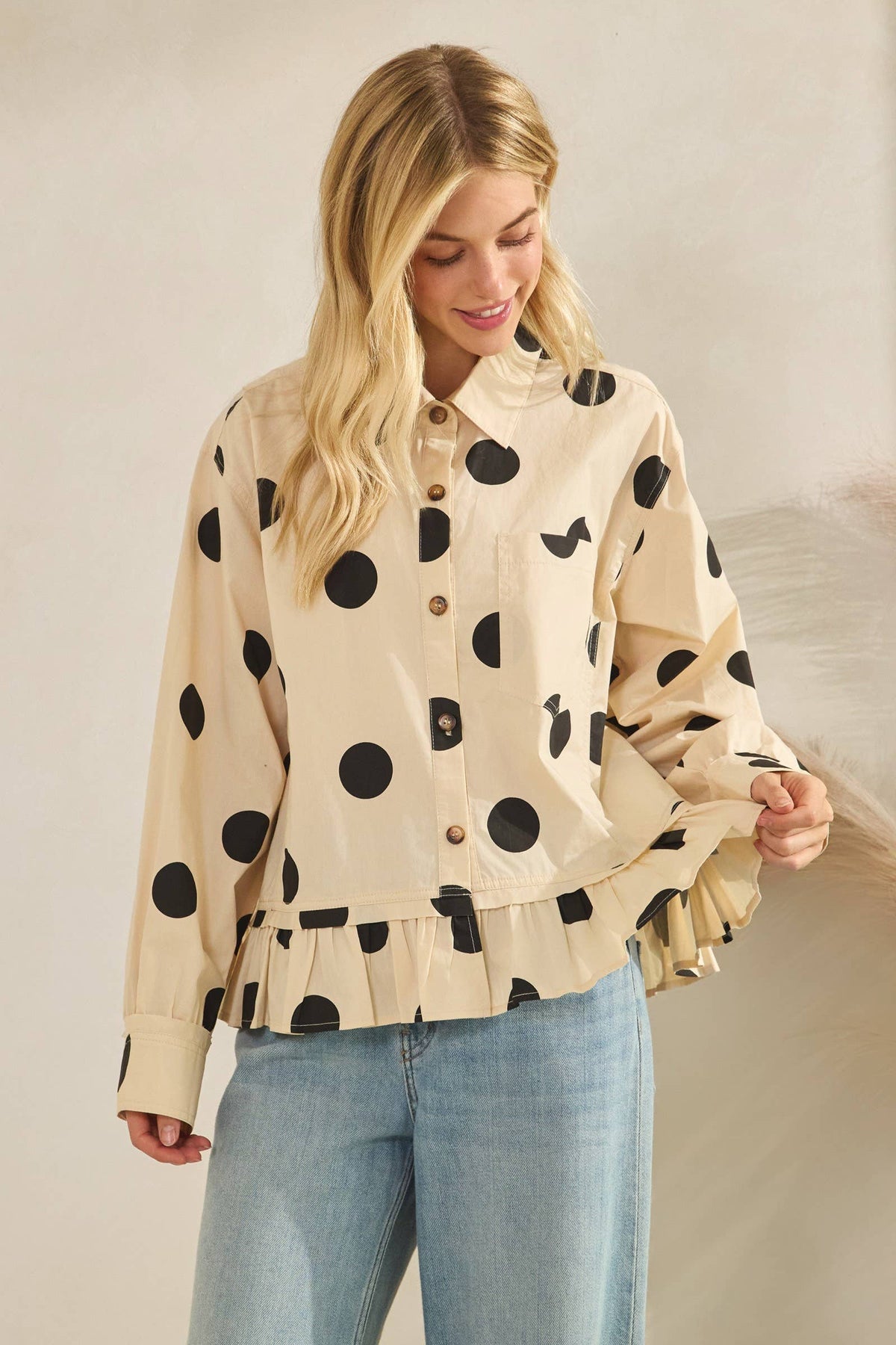 Polka Dot Ruffle Hem Long Sleeve Shirt