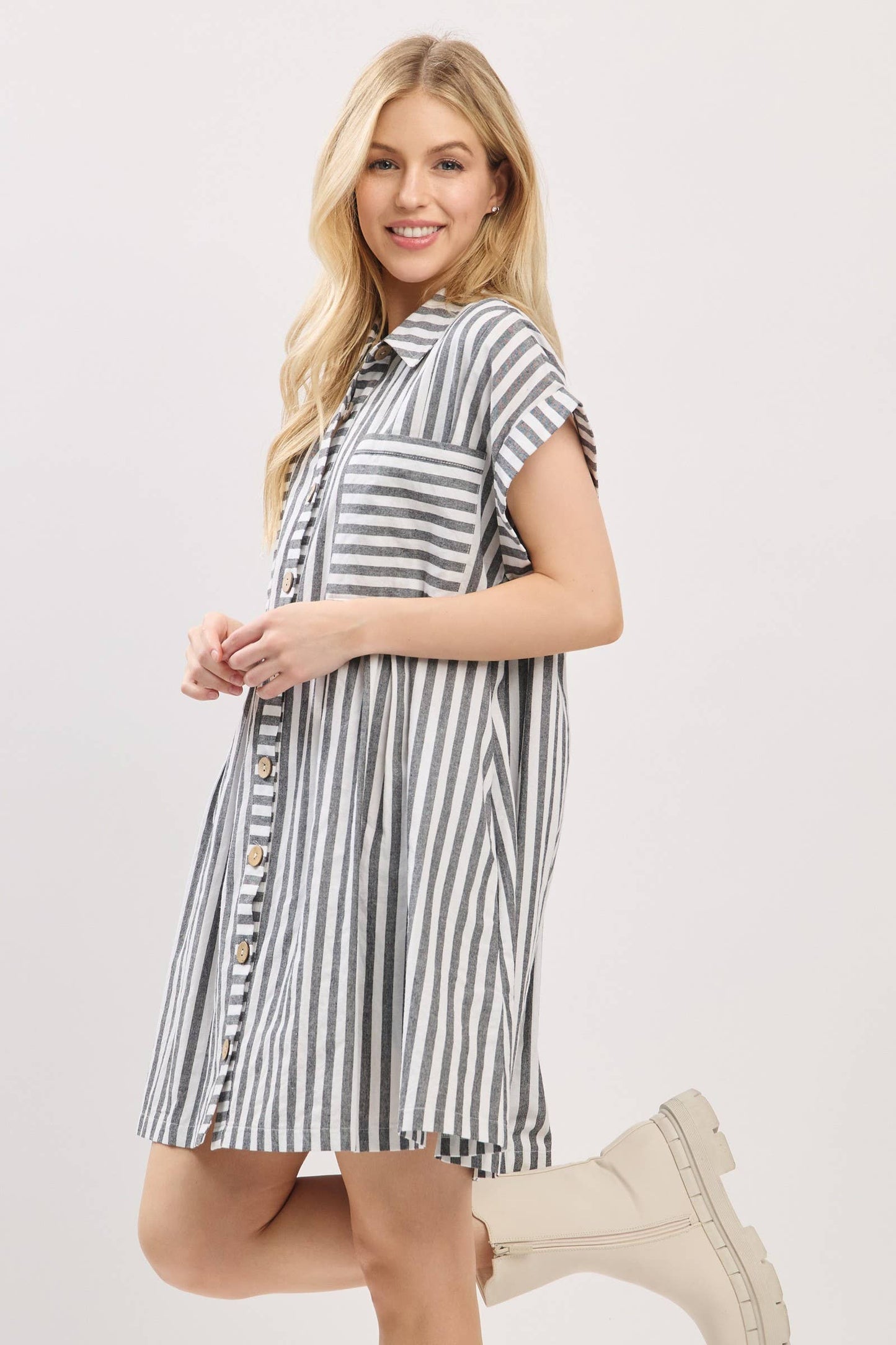 GAME DAY COTTON STRIPED BUTTON DOWN TUNIC DRESS