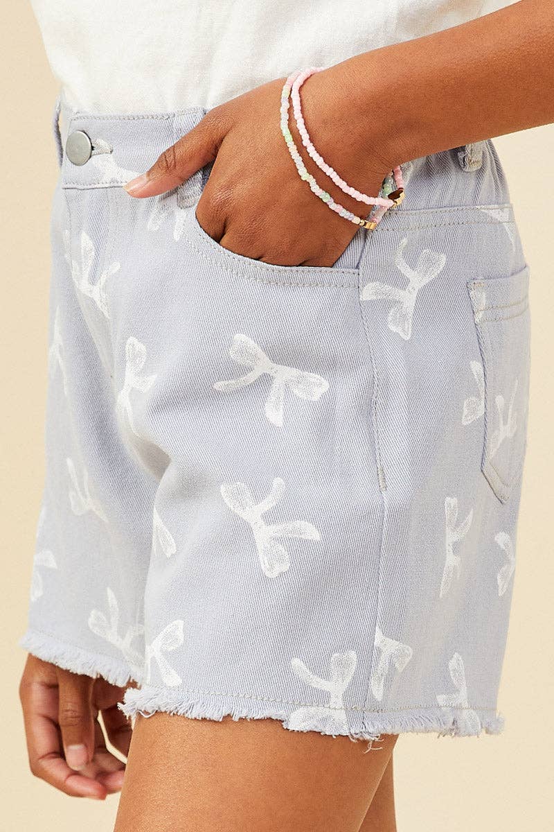 Girls Bow Printed Distressed Denim Shorts