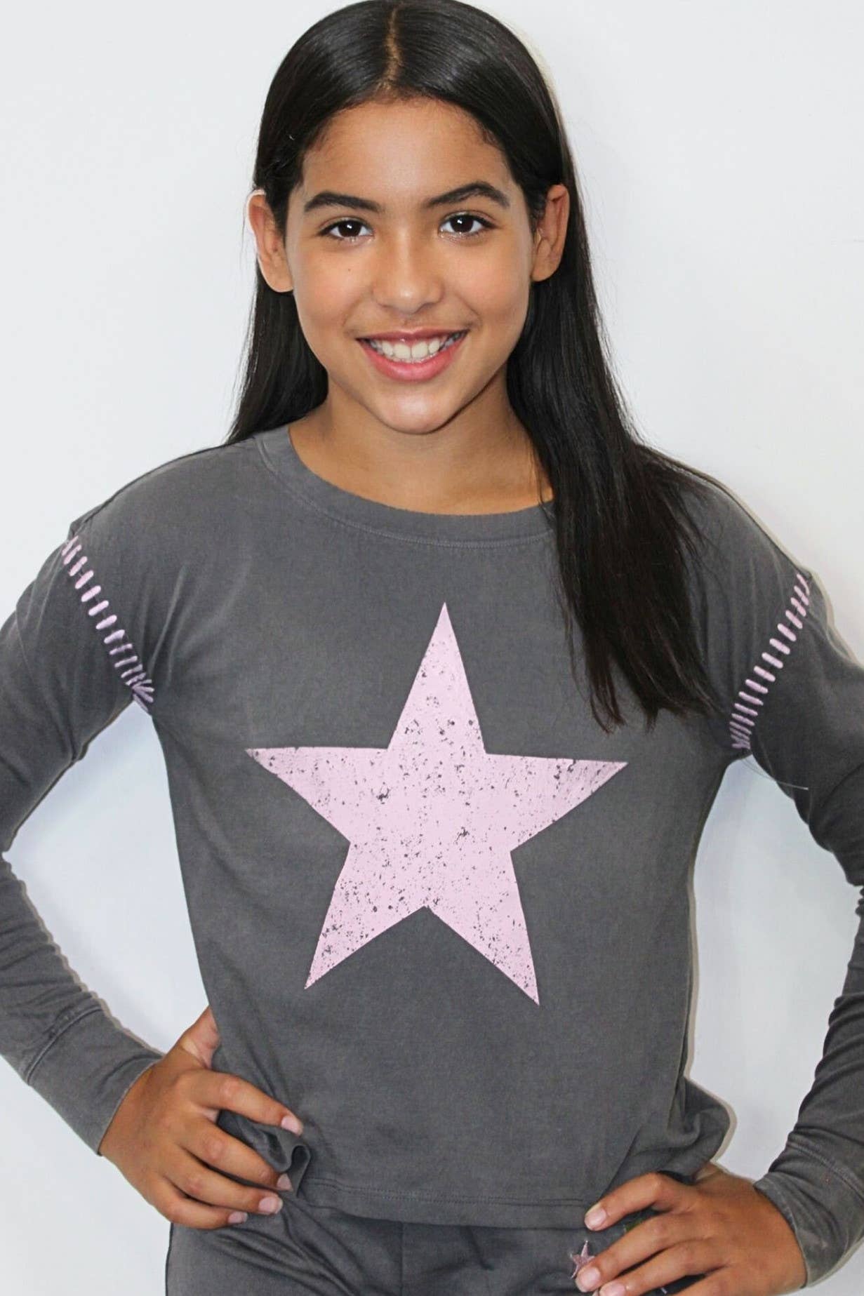 Long sleeve star washed top with embroidey stitch detail