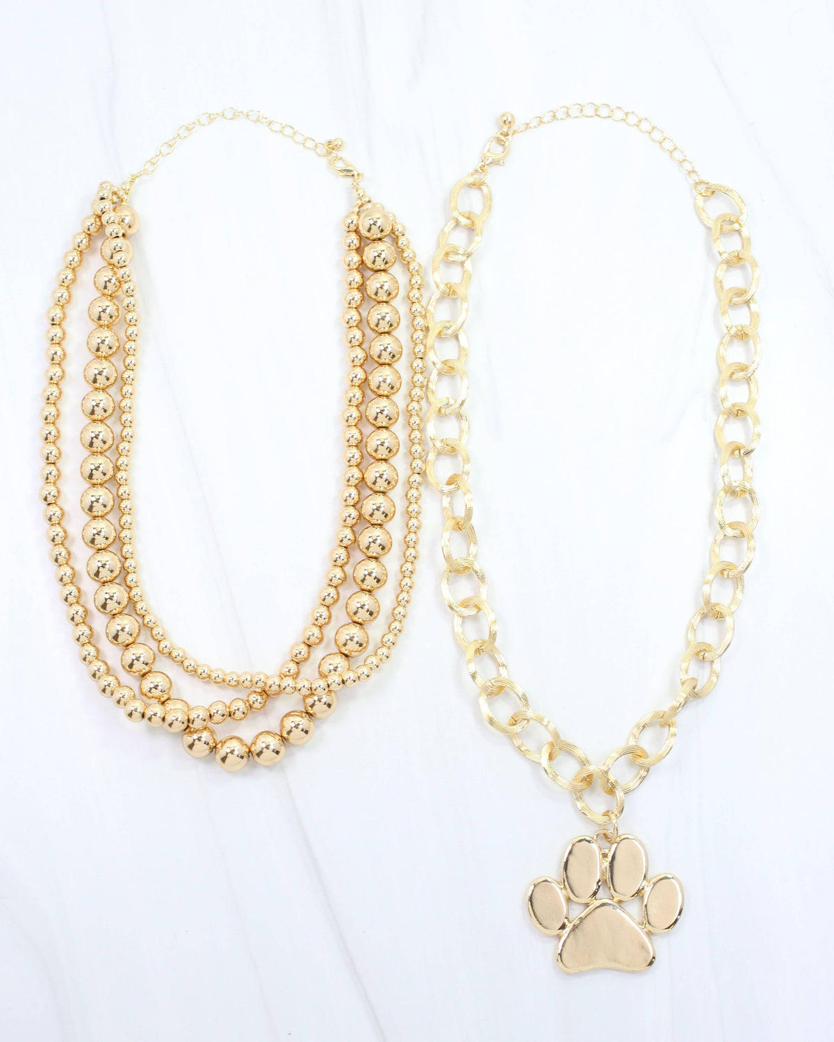Beaded Gold Paw Print Layered Necklace