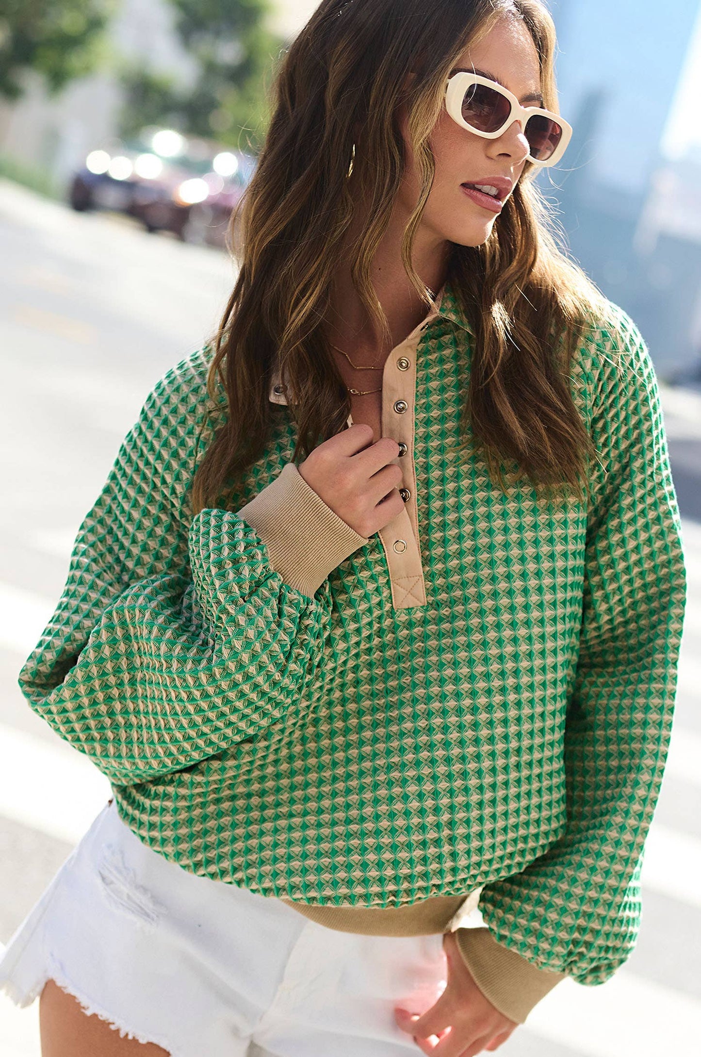 Unique Two Tone Textured Snap Button Front Top