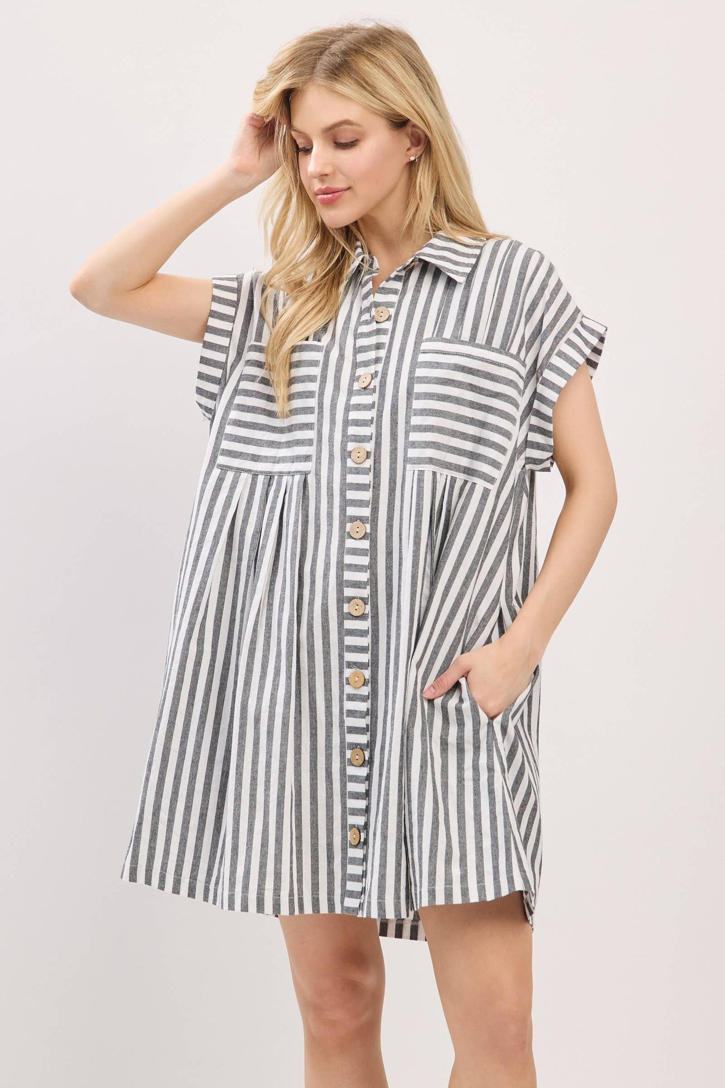 GAME DAY COTTON STRIPED BUTTON DOWN TUNIC DRESS