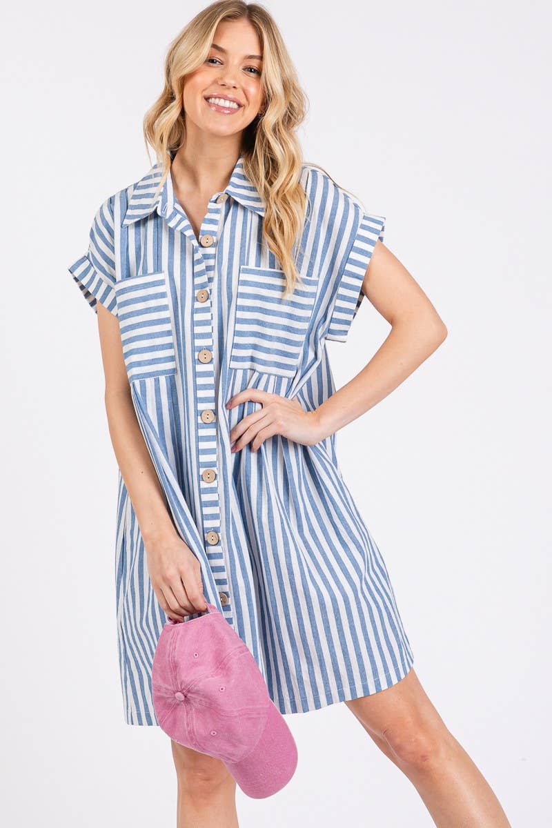 GAME DAY COTTON STRIPED BUTTON DOWN TUNIC DRESS