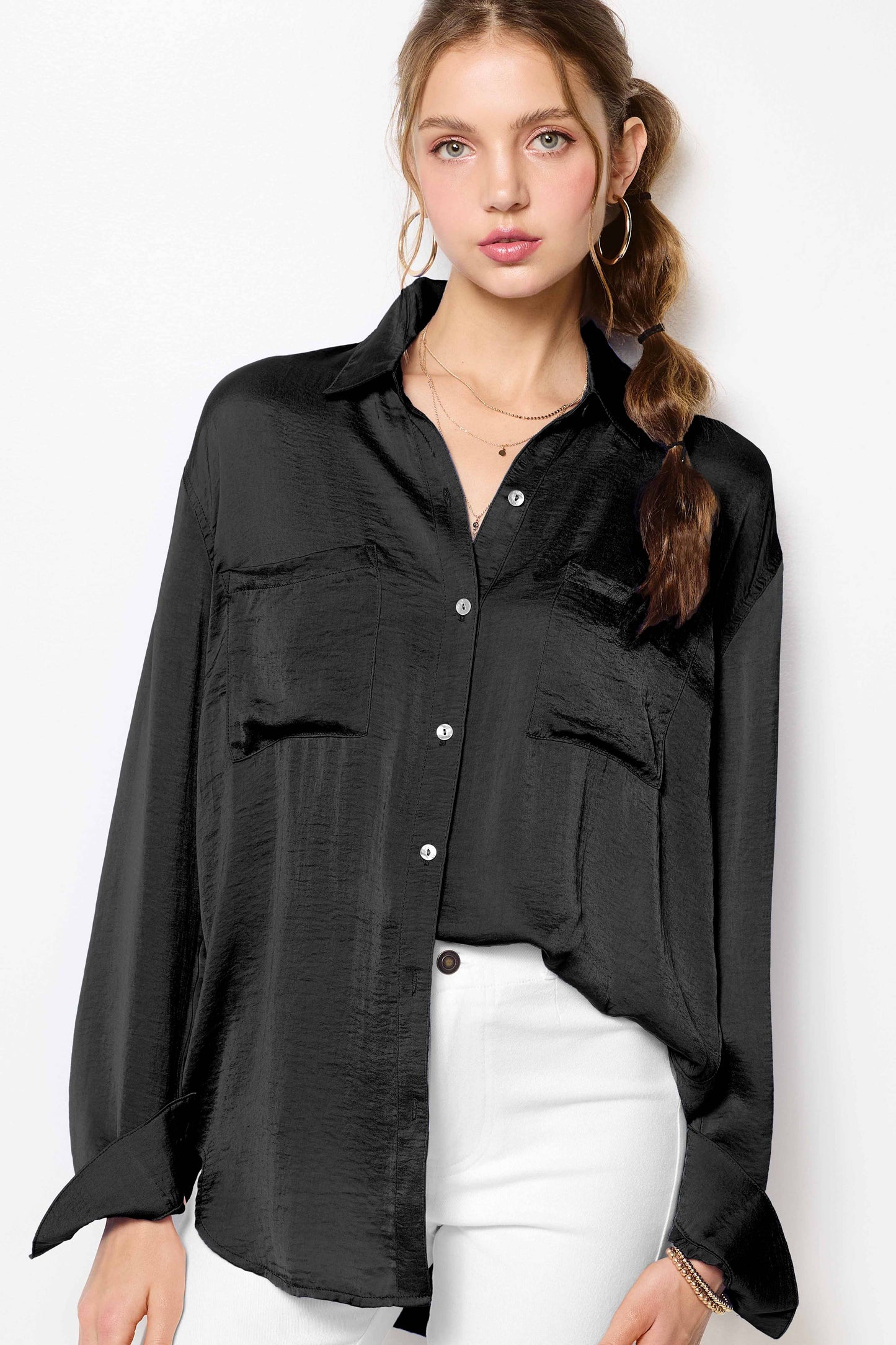 SRT7452-Silky and Flowy Button Down Long Sleeve Shirts